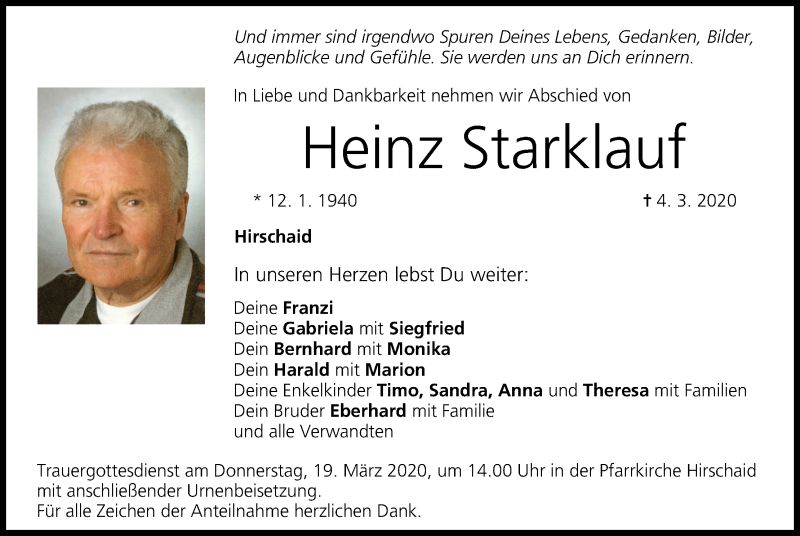  Traueranzeige für Heinz Starklauf vom 14.03.2020 aus MGO