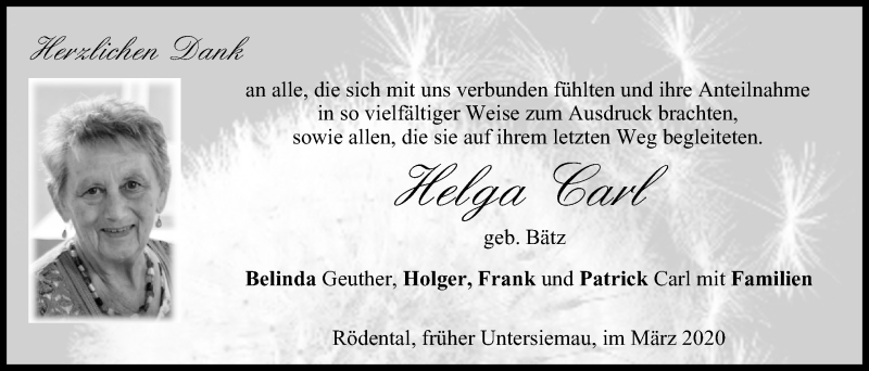  Traueranzeige für Helga Carl vom 14.03.2020 aus MGO