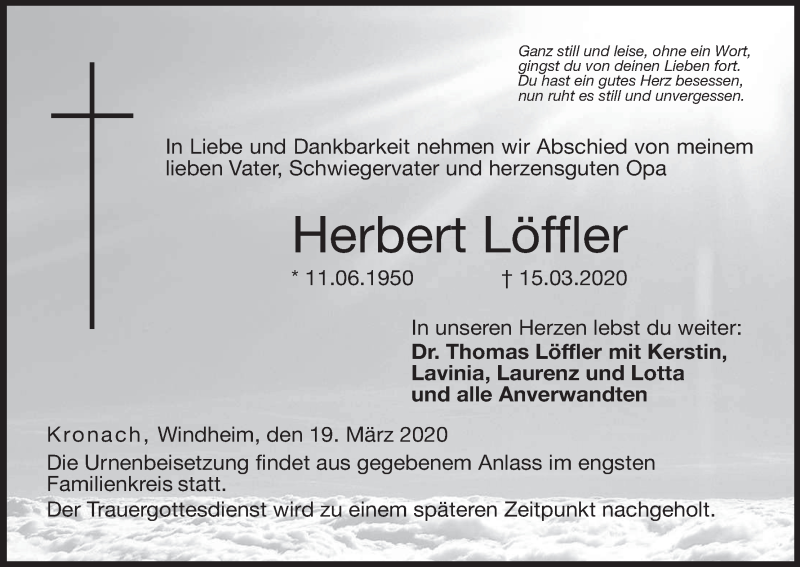  Traueranzeige für Herbert Löffler vom 19.03.2020 aus MGO