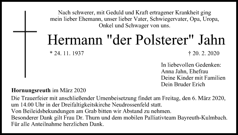  Traueranzeige für Hermann Jahn vom 03.03.2020 aus MGO