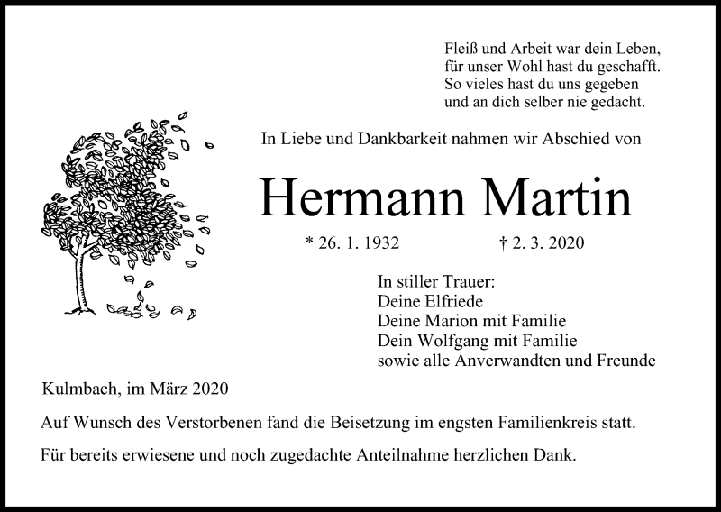  Traueranzeige für Hermann Martin vom 24.03.2020 aus MGO