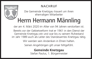Anzeige von Hermann Männling von MGO