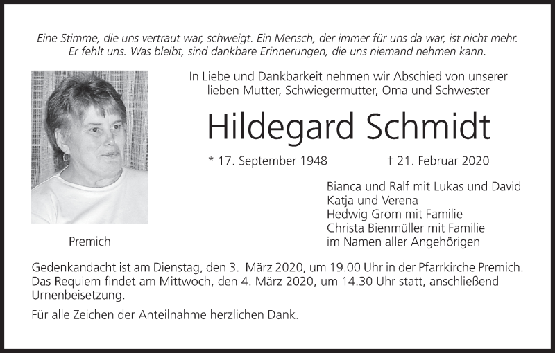  Traueranzeige für Hildegard Schmidt vom 29.02.2020 aus MGO