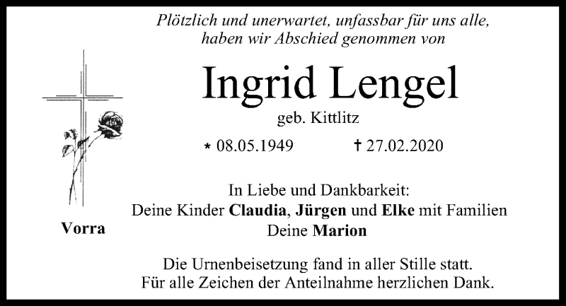  Traueranzeige für Ingrid Lengel vom 14.03.2020 aus MGO
