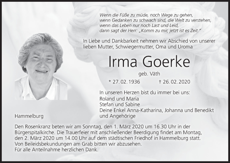  Traueranzeige für Irma Goerke vom 29.02.2020 aus MGO