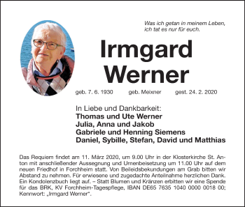 Anzeige von Irmgard Werner von MGO