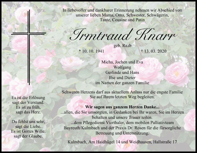  Traueranzeige für Irmtraud Knarr vom 25.03.2020 aus MGO