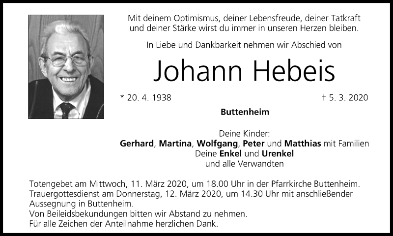  Traueranzeige für Johann Hebeis vom 07.03.2020 aus MGO