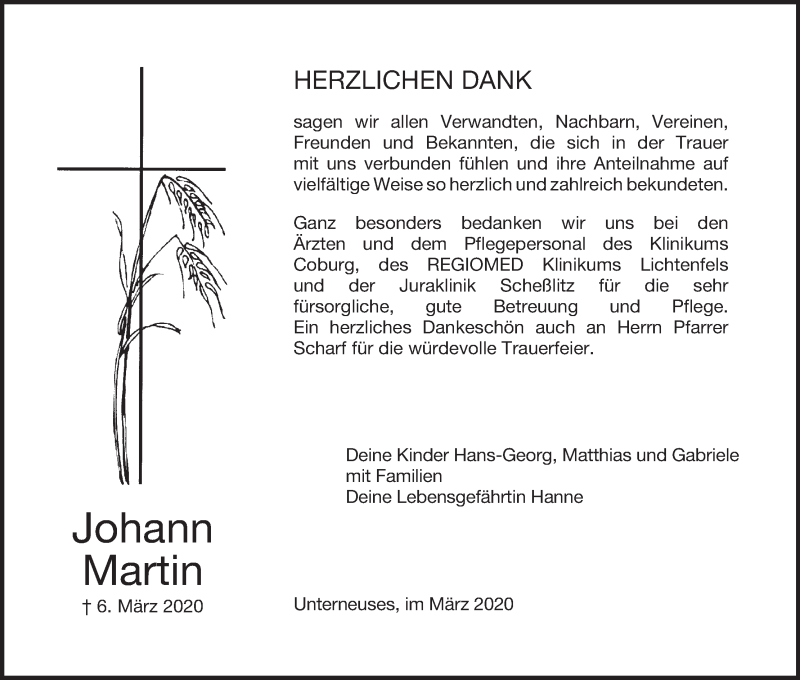  Traueranzeige für Johann Martin vom 28.03.2020 aus MGO