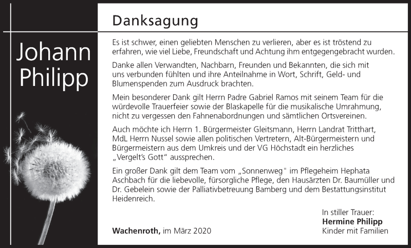  Traueranzeige für Johann Philipp vom 28.03.2020 aus MGO