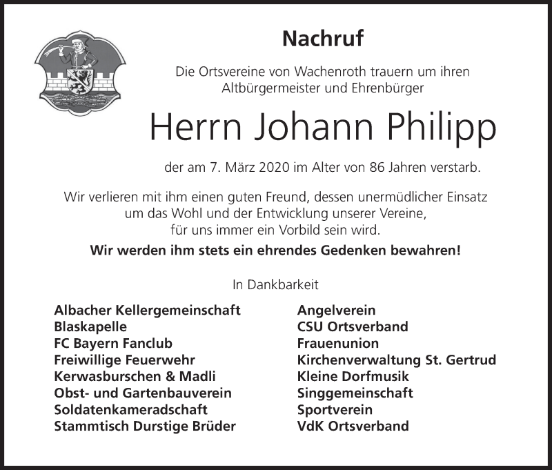  Traueranzeige für Johann Philipp vom 21.03.2020 aus MGO