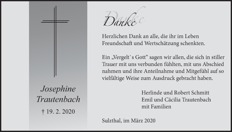  Traueranzeige für Josephine Trautenbach vom 14.03.2020 aus MGO