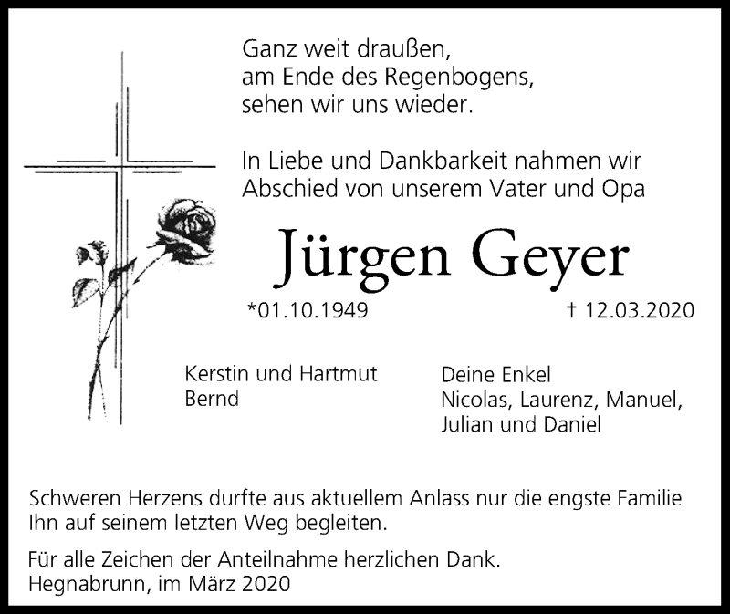  Traueranzeige für Jürgen Geyer vom 28.03.2020 aus MGO