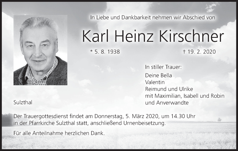  Traueranzeige für Karl Heinz Kirschner vom 29.02.2020 aus MGO