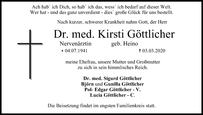  Traueranzeige für Kirsti Göttlicher vom 18.03.2020 aus MGO