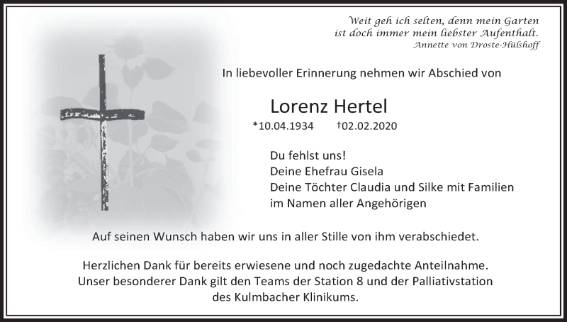  Traueranzeige für Lorenz Hertel vom 21.03.2020 aus MGO