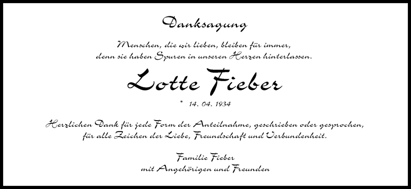  Traueranzeige für Lotte Fieber vom 14.03.2020 aus MGO