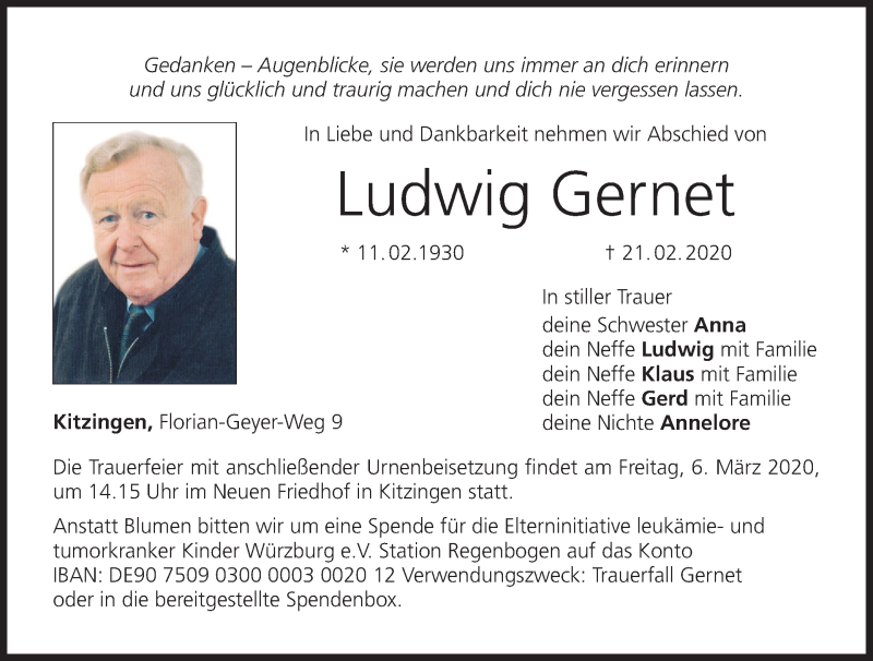  Traueranzeige für Ludwig Gernet vom 29.02.2020 aus MGO