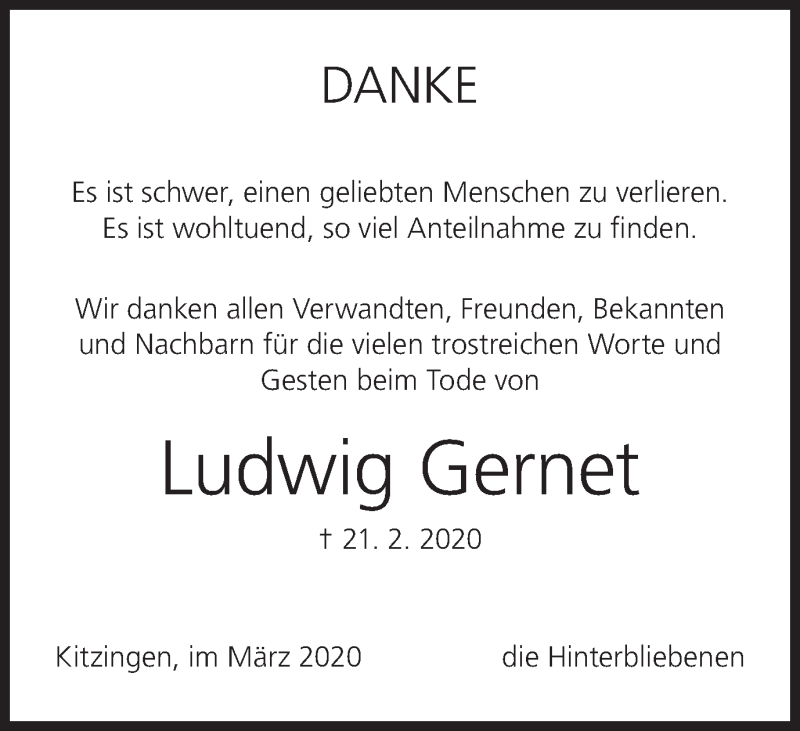  Traueranzeige für Ludwig Gernet vom 14.03.2020 aus MGO