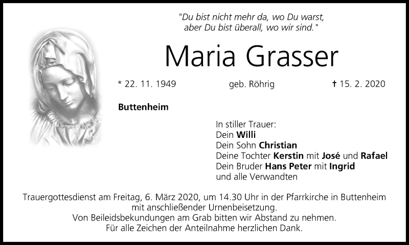  Traueranzeige für Maria Grasser vom 29.02.2020 aus MGO