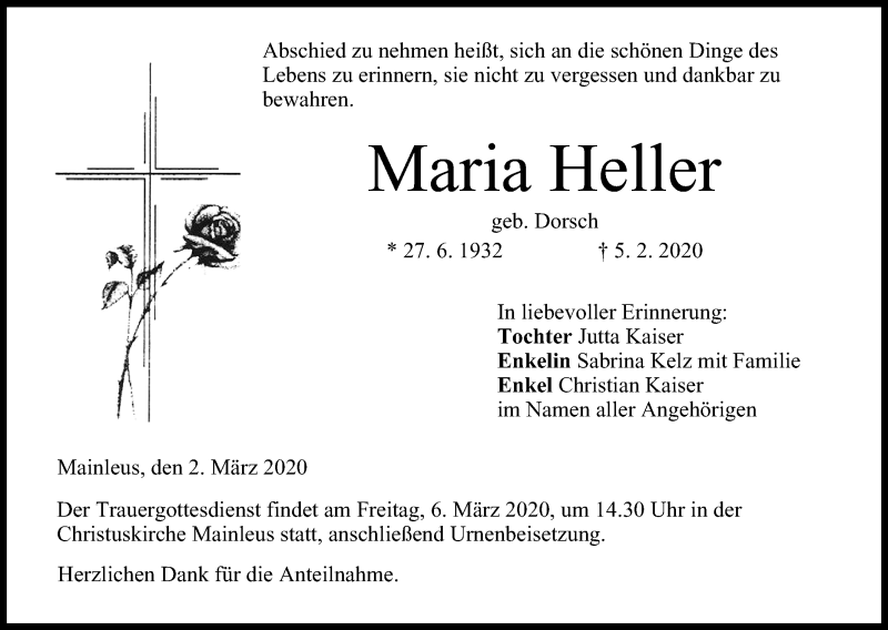  Traueranzeige für Maria Heller vom 02.03.2020 aus MGO