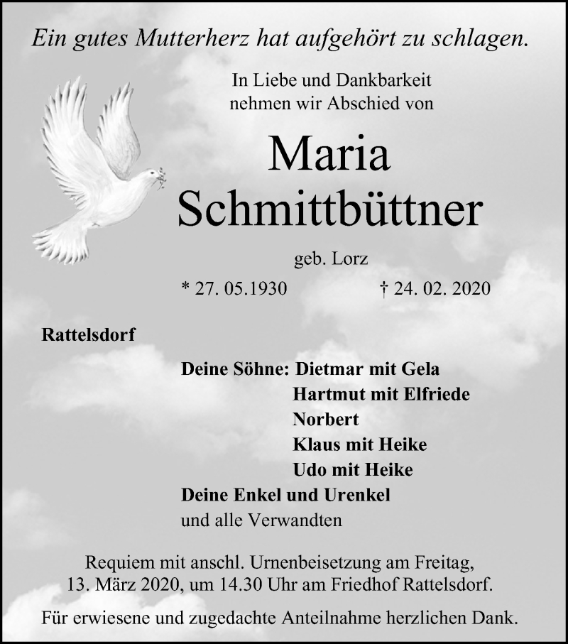  Traueranzeige für Maria Schmittbüttner vom 07.03.2020 aus MGO