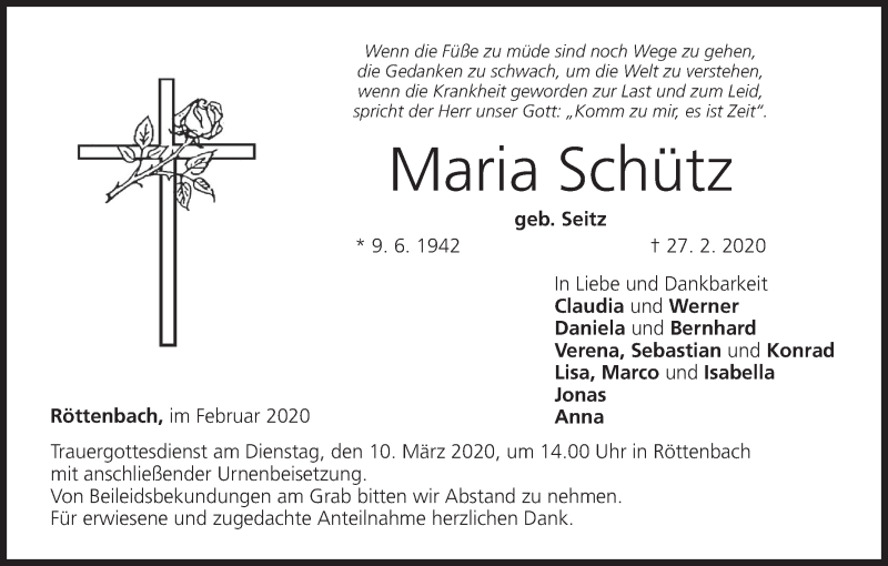  Traueranzeige für Maria Schütz vom 07.03.2020 aus MGO
