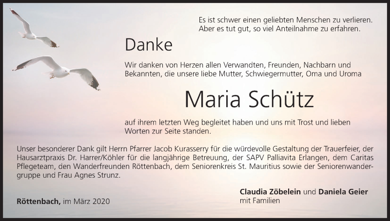  Traueranzeige für Maria Schütz vom 14.03.2020 aus MGO