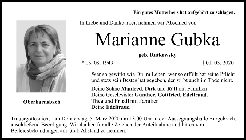  Traueranzeige für Marianne Gubka vom 03.03.2020 aus MGO