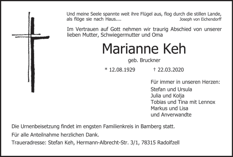  Traueranzeige für Marianne Keh vom 28.03.2020 aus MGO