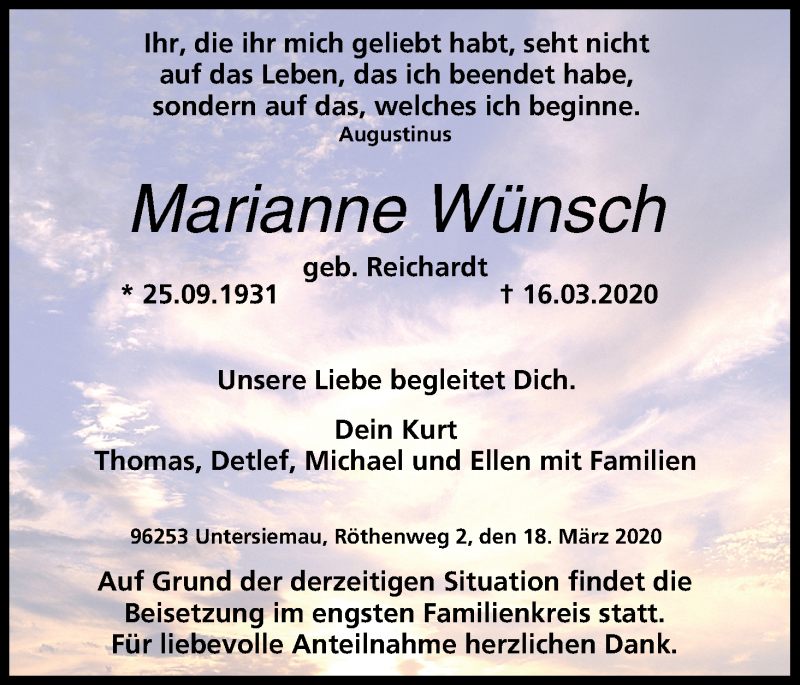  Traueranzeige für Marianne Wünsch vom 18.03.2020 aus MGO