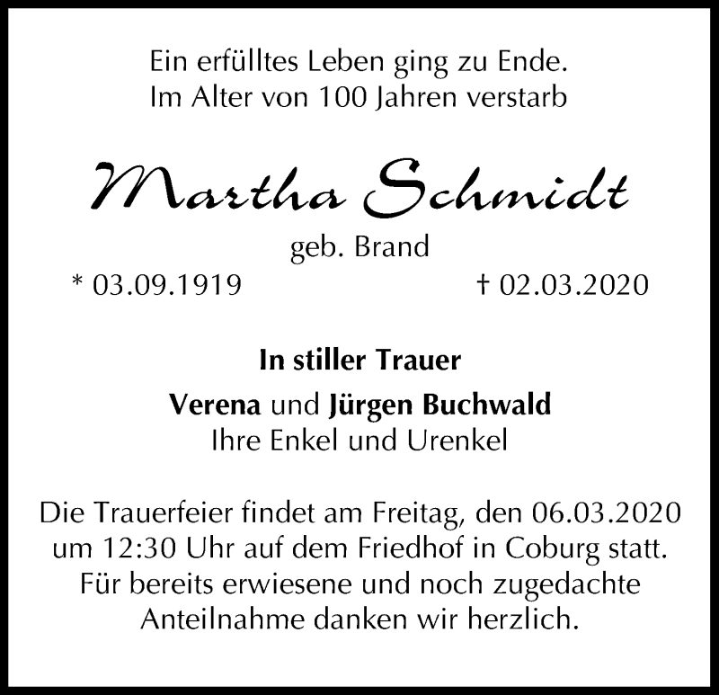  Traueranzeige für Martha Schmidt vom 04.03.2020 aus MGO