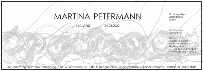  Traueranzeige für Martina Petermann vom 29.02.2020 aus MGO