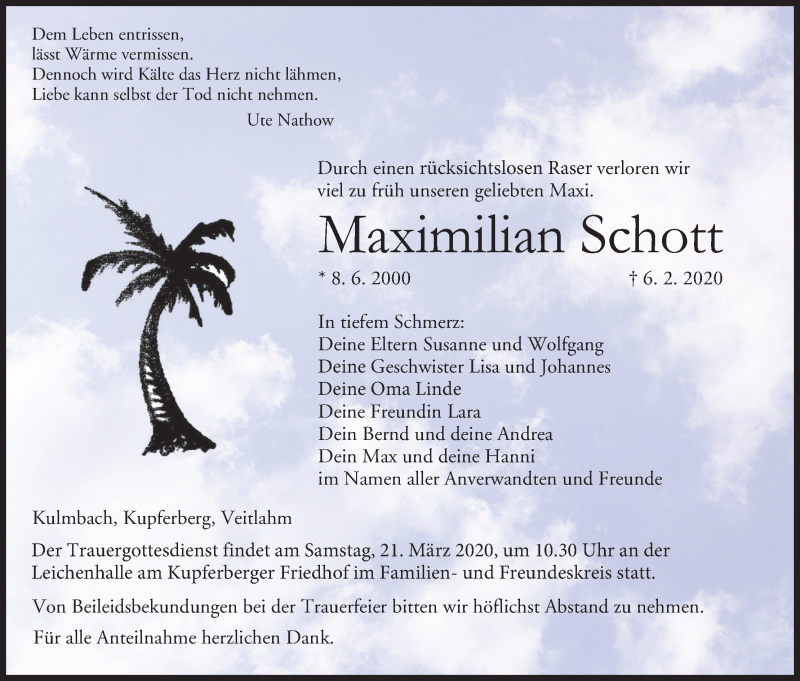  Traueranzeige für Maximilian Schott vom 19.03.2020 aus MGO