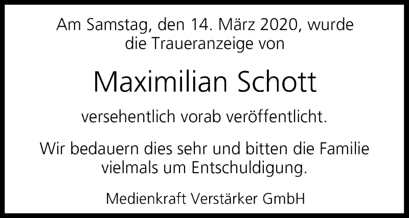  Traueranzeige für Maximilian Schott vom 19.03.2020 aus MGO