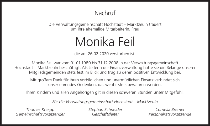  Traueranzeige für Monika Feil vom 05.03.2020 aus MGO