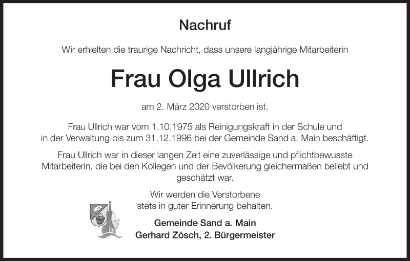  Traueranzeige für Olga Ullrich vom 05.03.2020 aus MGO