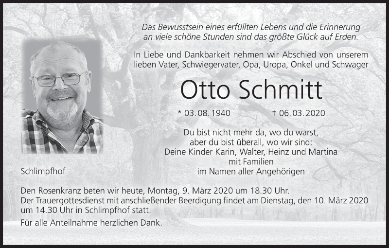  Traueranzeige für Otto Schmitt vom 09.03.2020 aus MGO