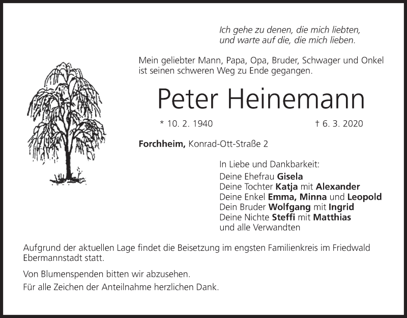  Traueranzeige für Peter Heinemann vom 28.03.2020 aus MGO