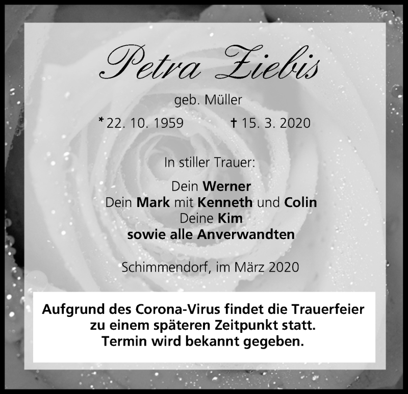 Traueranzeige für Petra Ziebis vom 18.03.2020 aus MGO