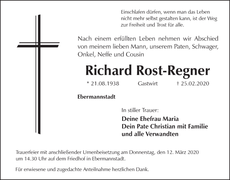  Traueranzeige für Richard Rost-Regner vom 10.03.2020 aus MGO
