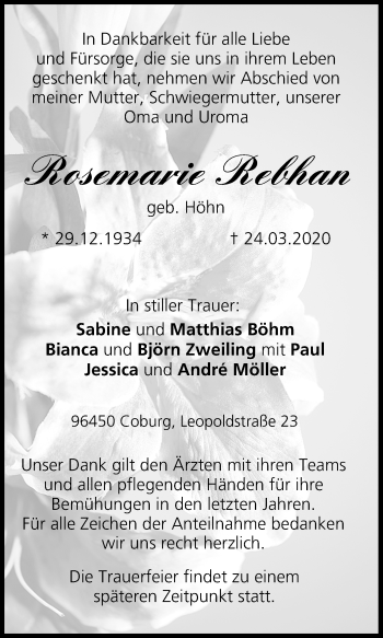 Anzeige von Rosemarie Rebhan von MGO