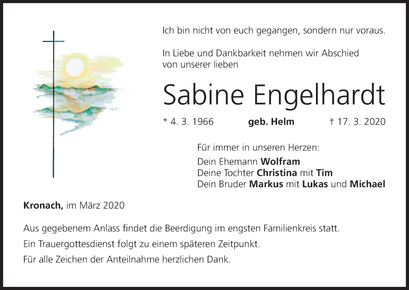  Traueranzeige für Sabine Engelhardt vom 20.03.2020 aus MGO