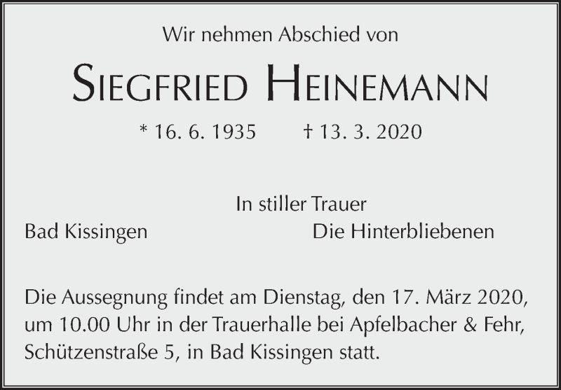  Traueranzeige für Siegfried Heinemann vom 14.03.2020 aus MGO