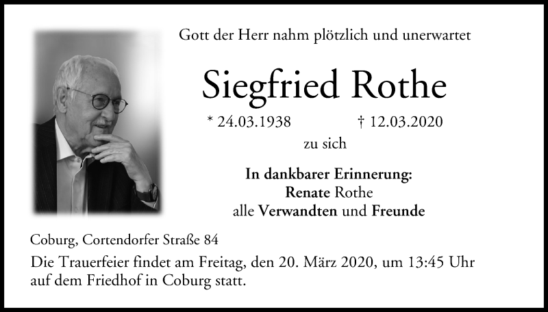  Traueranzeige für Siegfried Rothe vom 17.03.2020 aus MGO