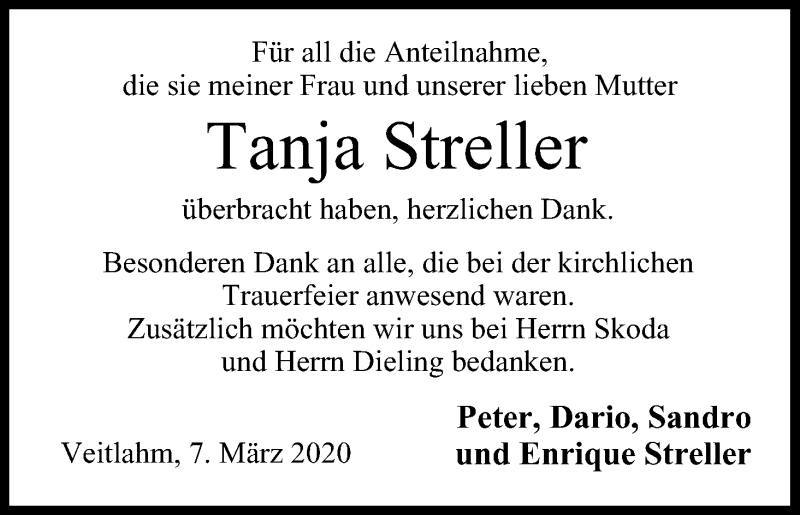  Traueranzeige für Tanja Streller vom 07.03.2020 aus MGO