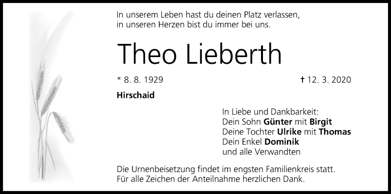  Traueranzeige für Theo Lieberth vom 21.03.2020 aus MGO