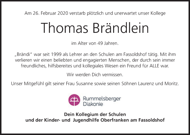  Traueranzeige für Thomas Brändlein vom 06.03.2020 aus MGO