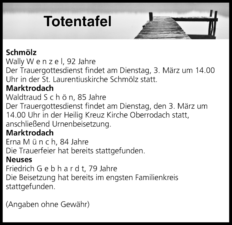  Traueranzeige für Totentafel vom 03.03.2020 vom 03.03.2020 aus MGO