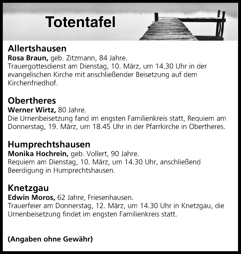  Traueranzeige für Totentafel vom 10.03.2020 vom 10.03.2020 aus MGO